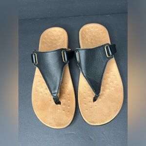 Vionic Black Leather Sandals with Tan Footbed